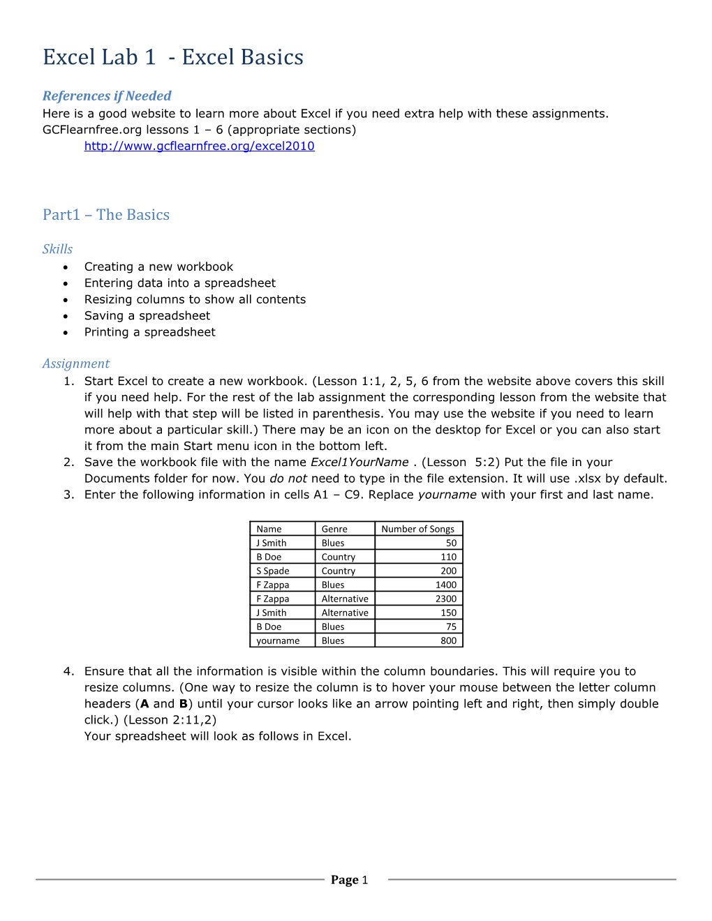 Excel Lab 1- Excel Basics