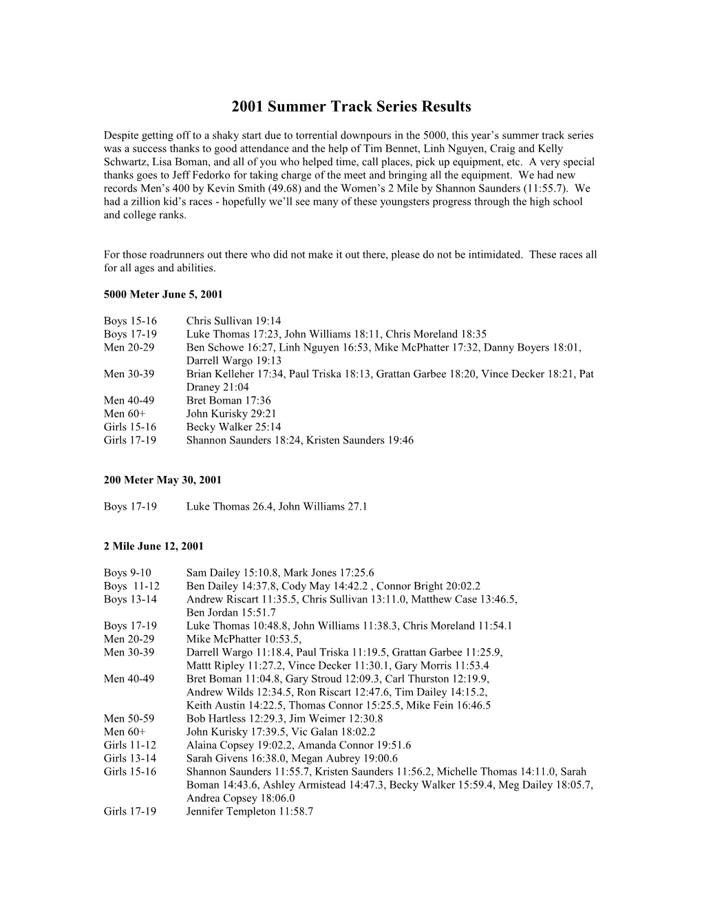 2001 Summer Track Series Results