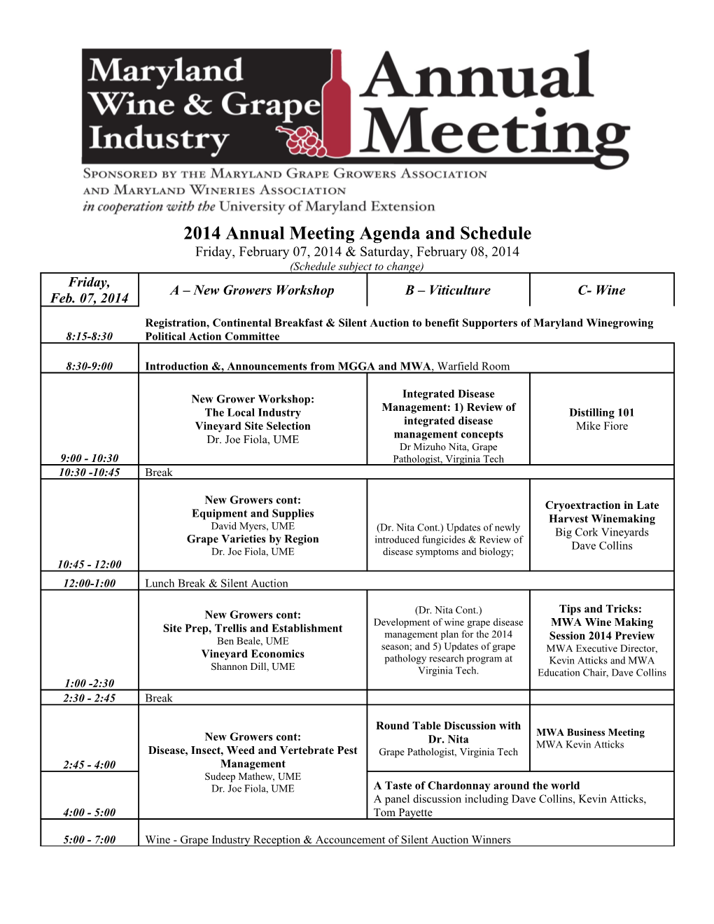 2014 Annual Meeting Agenda and Schedule