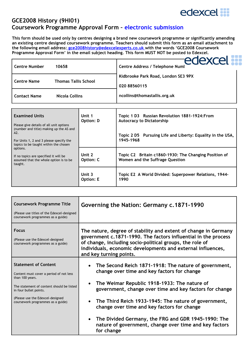 GCE History Coursework Programme Approval Form Page 1 of 2