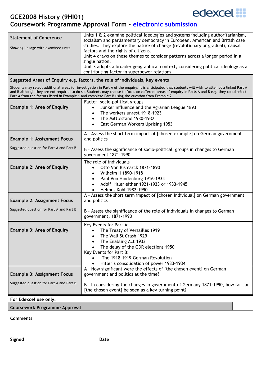 GCE History Coursework Programme Approval Form Page 1 of 2