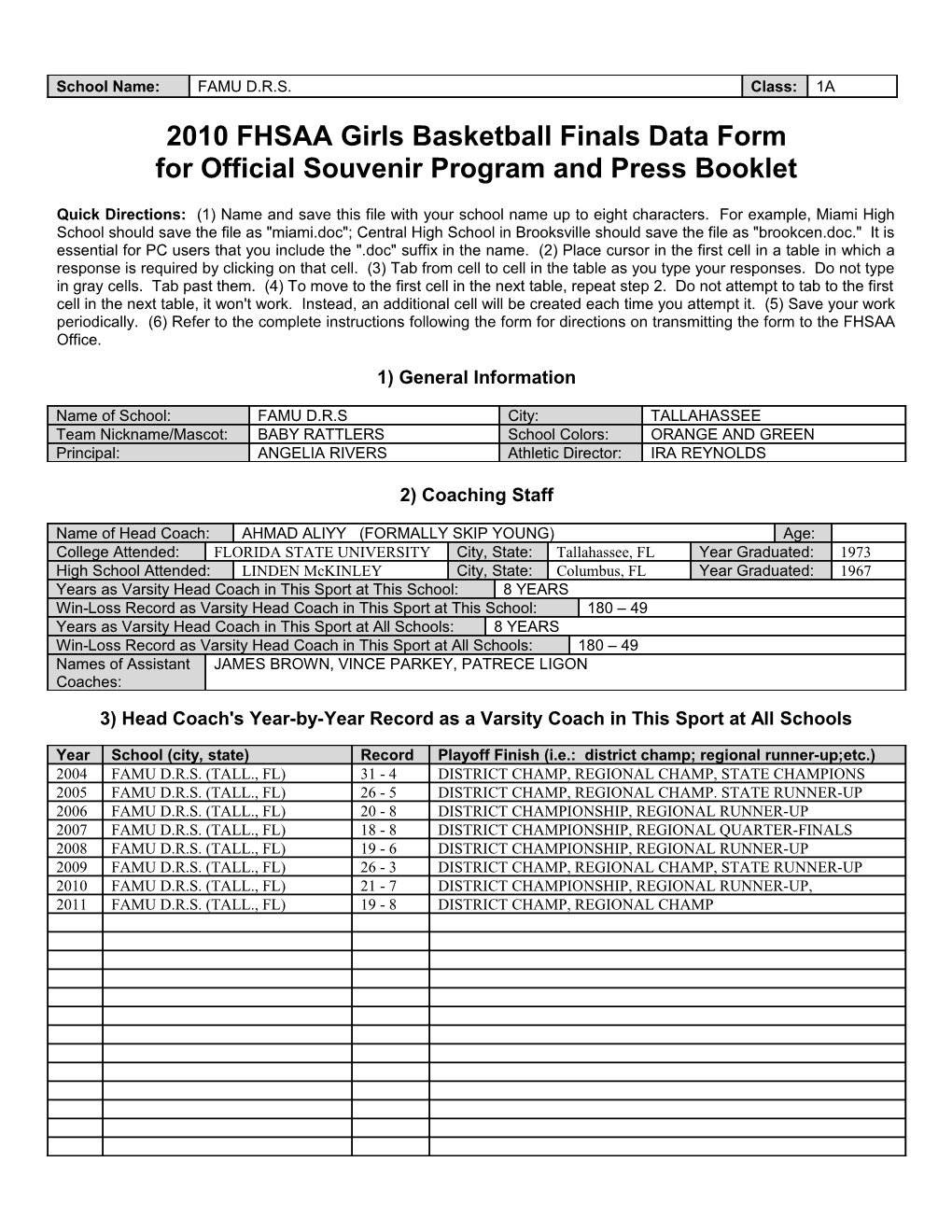 2010 FHSAA Girls Basketball Finals Data Form