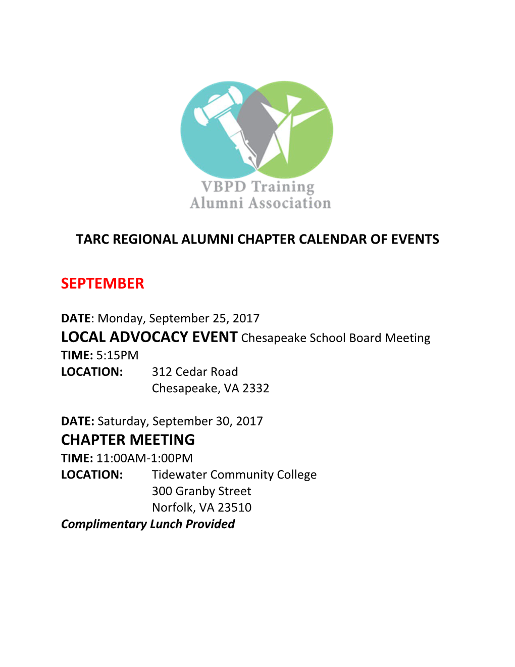Tarc Regional Alumni Chapter Calendar of Events