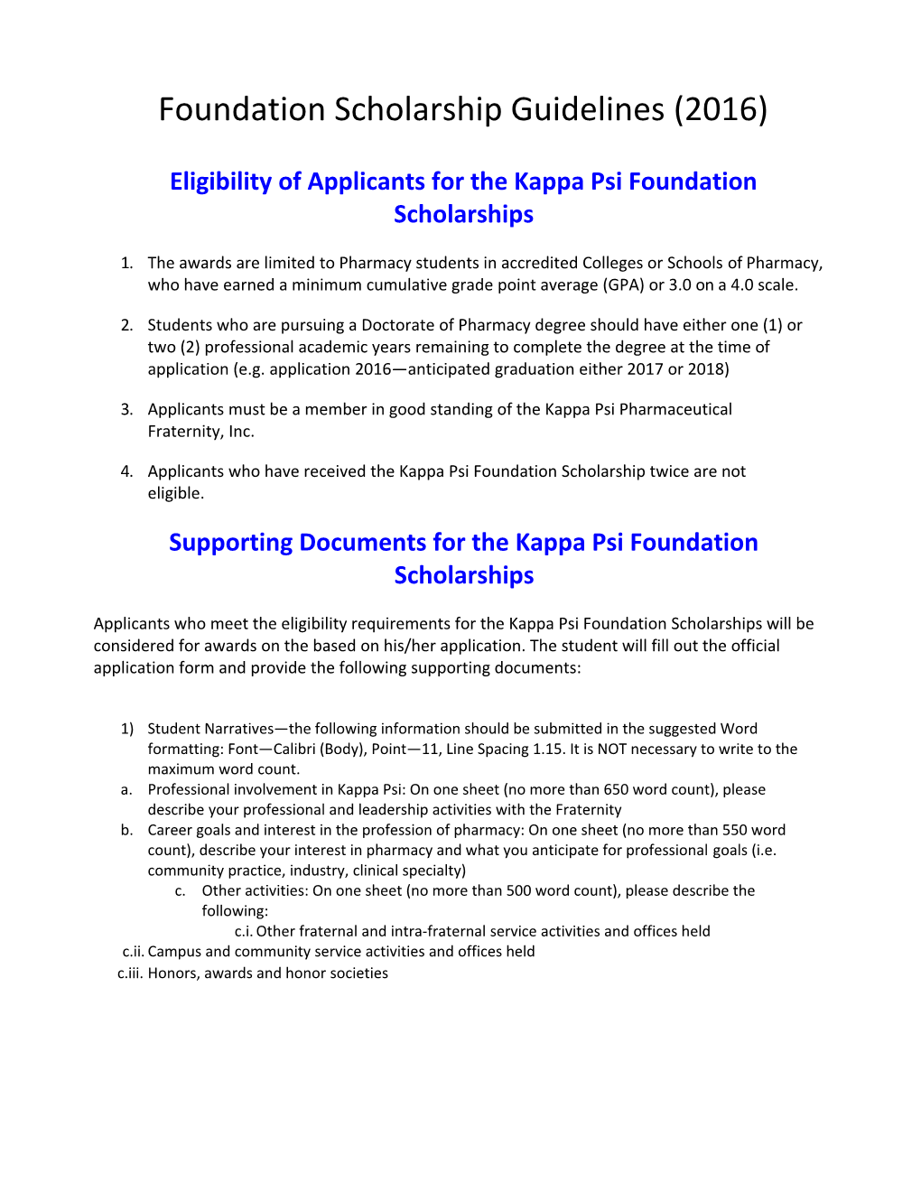 Eligibility of Applicants for the Kappa Psi Foundation Scholarships