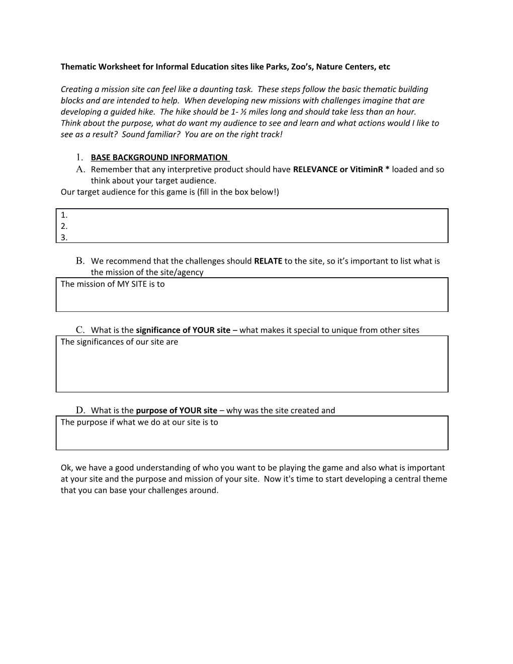 Thematic Worksheet for Informal Education Sites Like Parks, Zoo S, Nature Centers,Etc