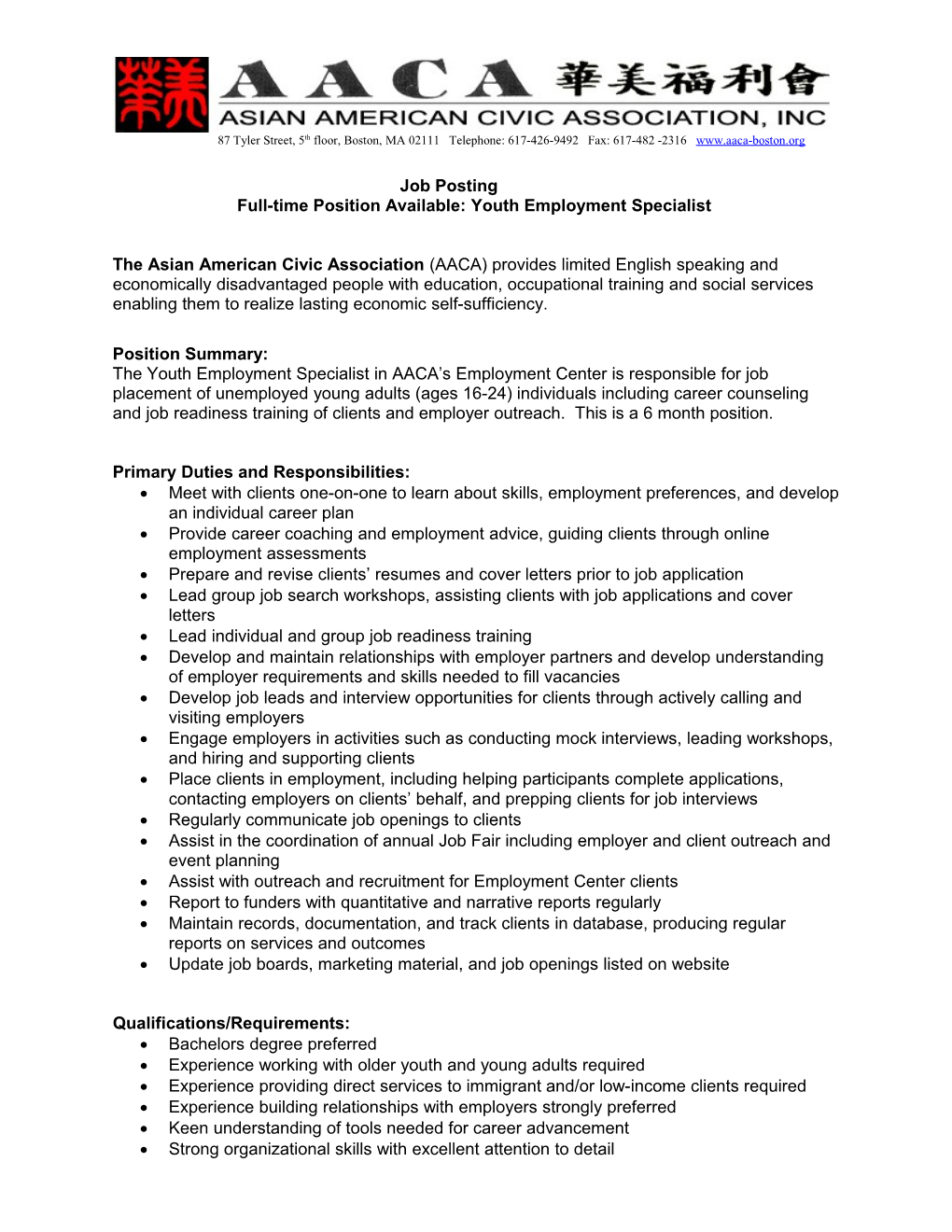 Full-Time Position Available: Youth Employment Specialist