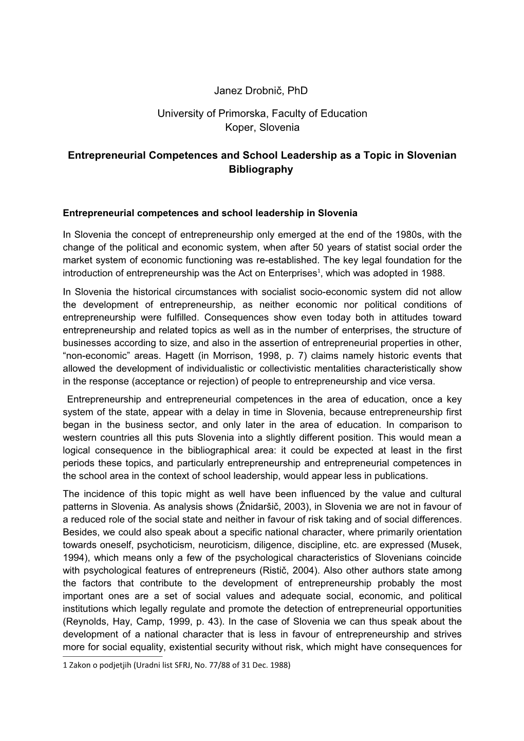 Entrepreneurial Competences and School Leadership As a Topic in Slovenian Bibliography