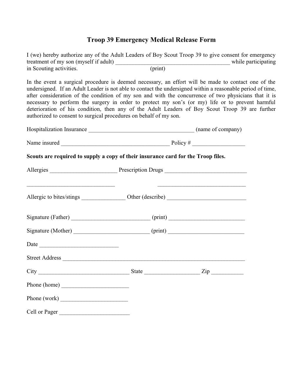 Troop 39 Emergency Medical Release Form