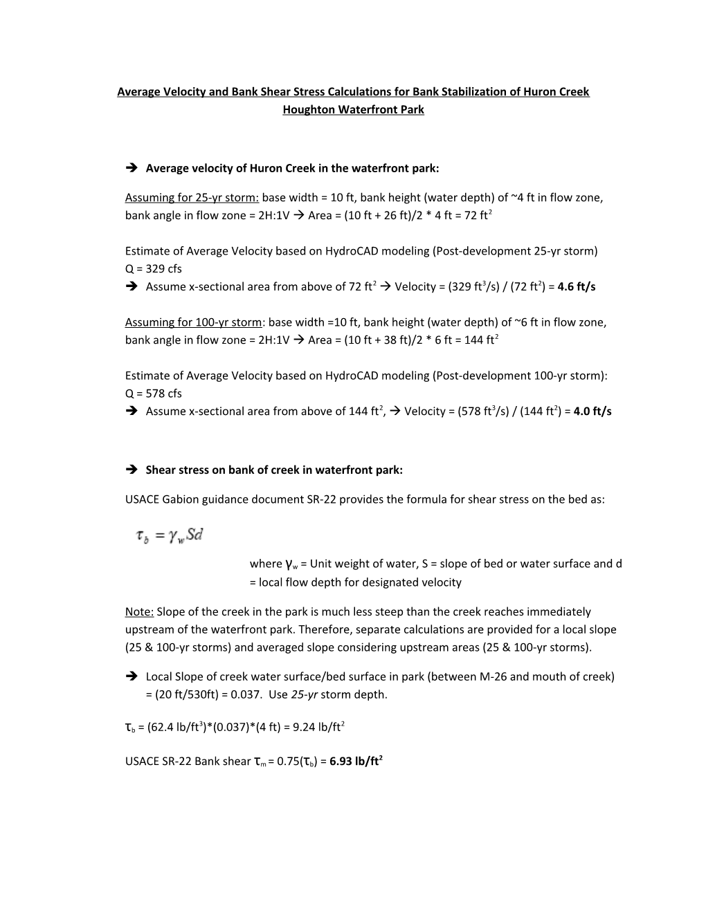 Average Velocity and Bank Shear Stress Calculations for Bank Stabilization of Huron Creek