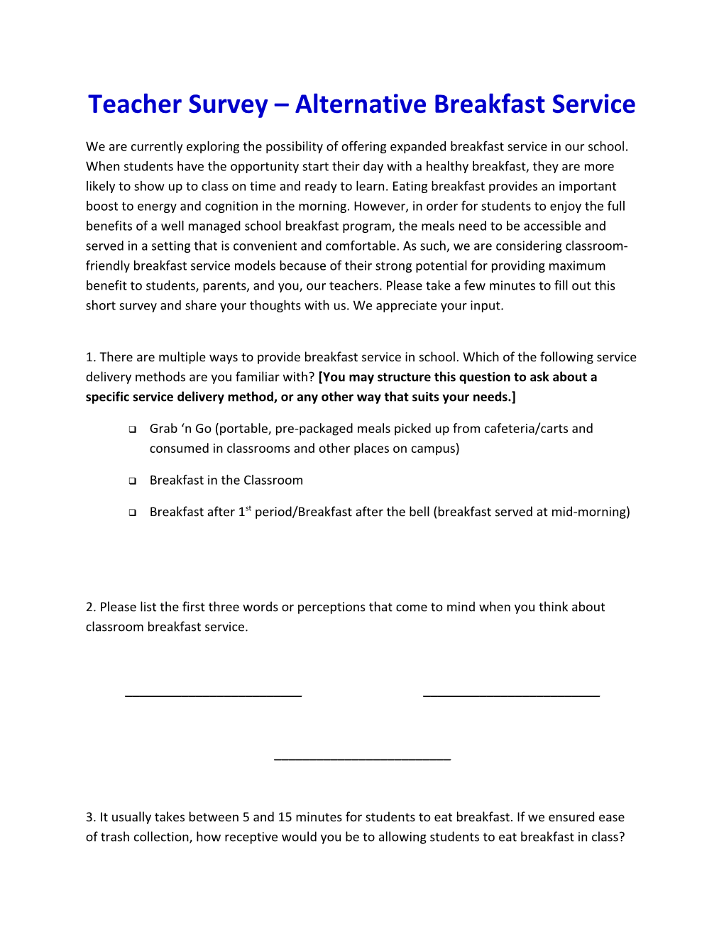 Teacher Survey Alternative Breakfast Service