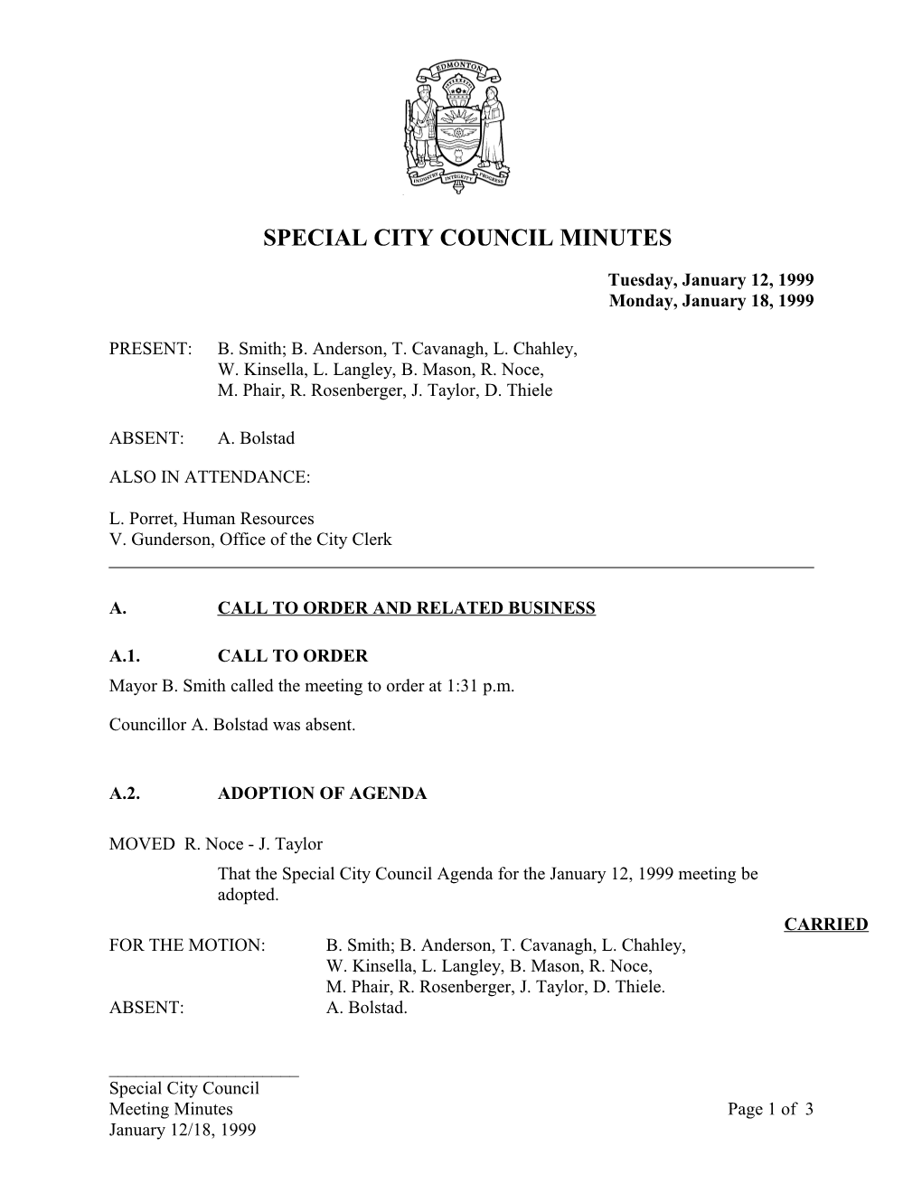 Minutes for City Council January 12, 1999 Meeting