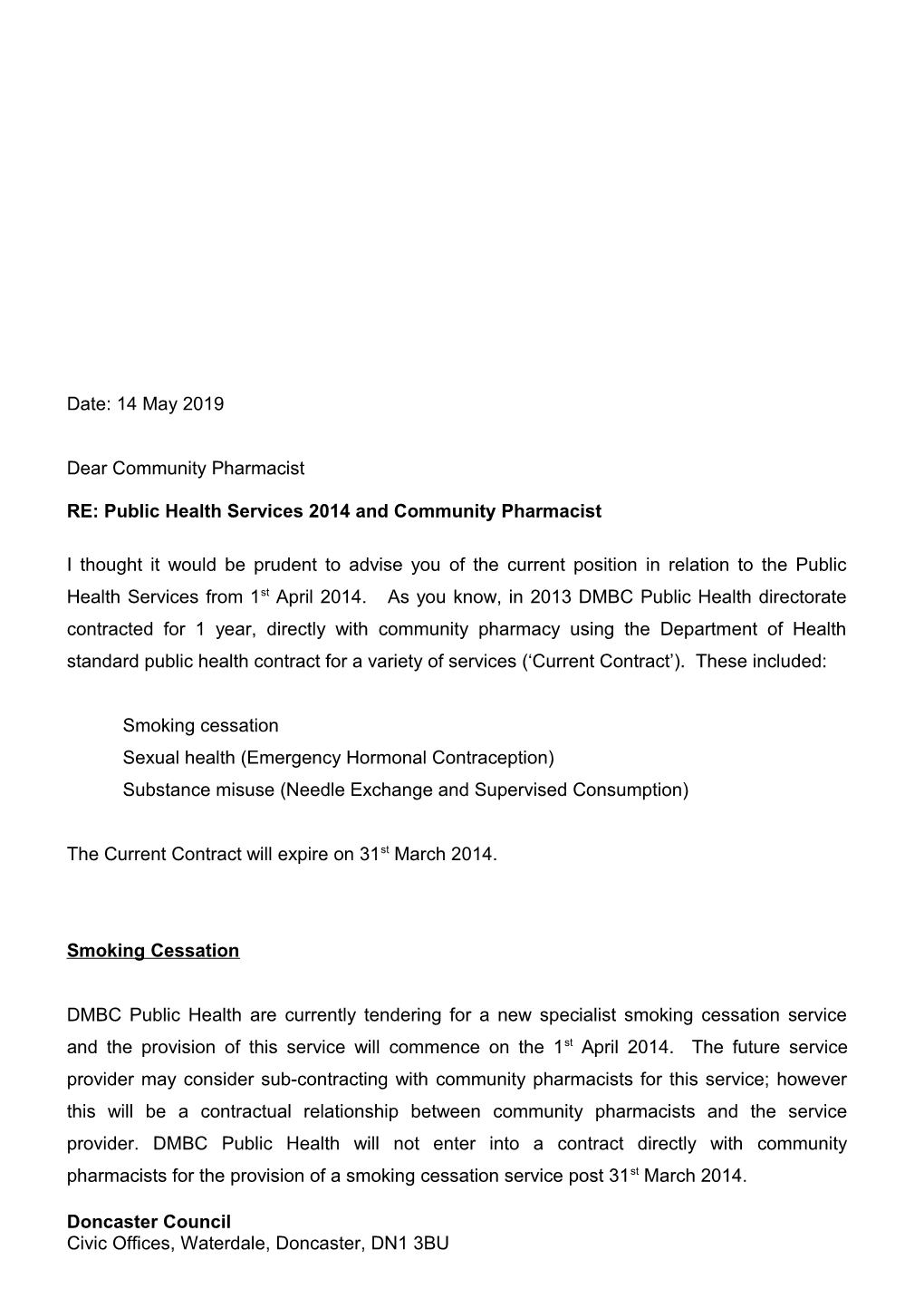 RE: Public Health Services 2014 and Community Pharmacist