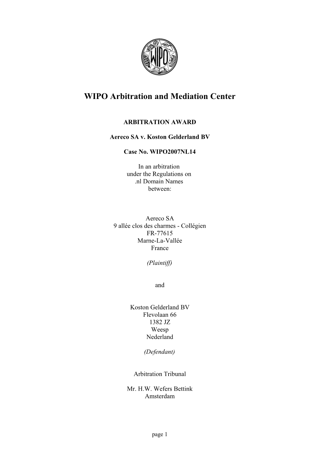 WIPO Arbitration and Mediationcenter