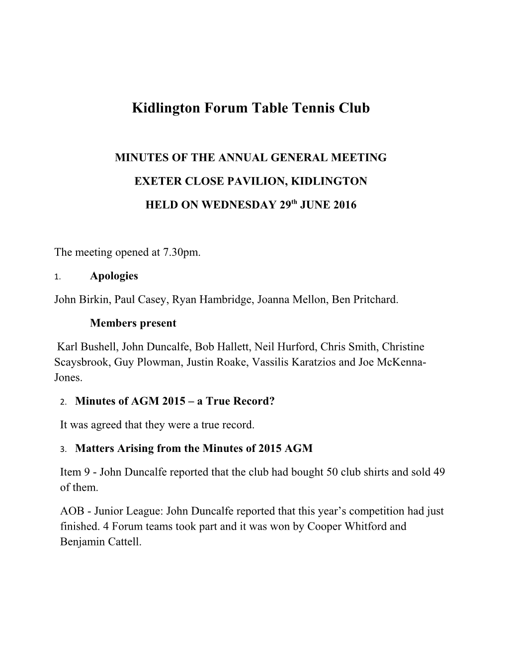 Kidlington Forum Table Tennis Club