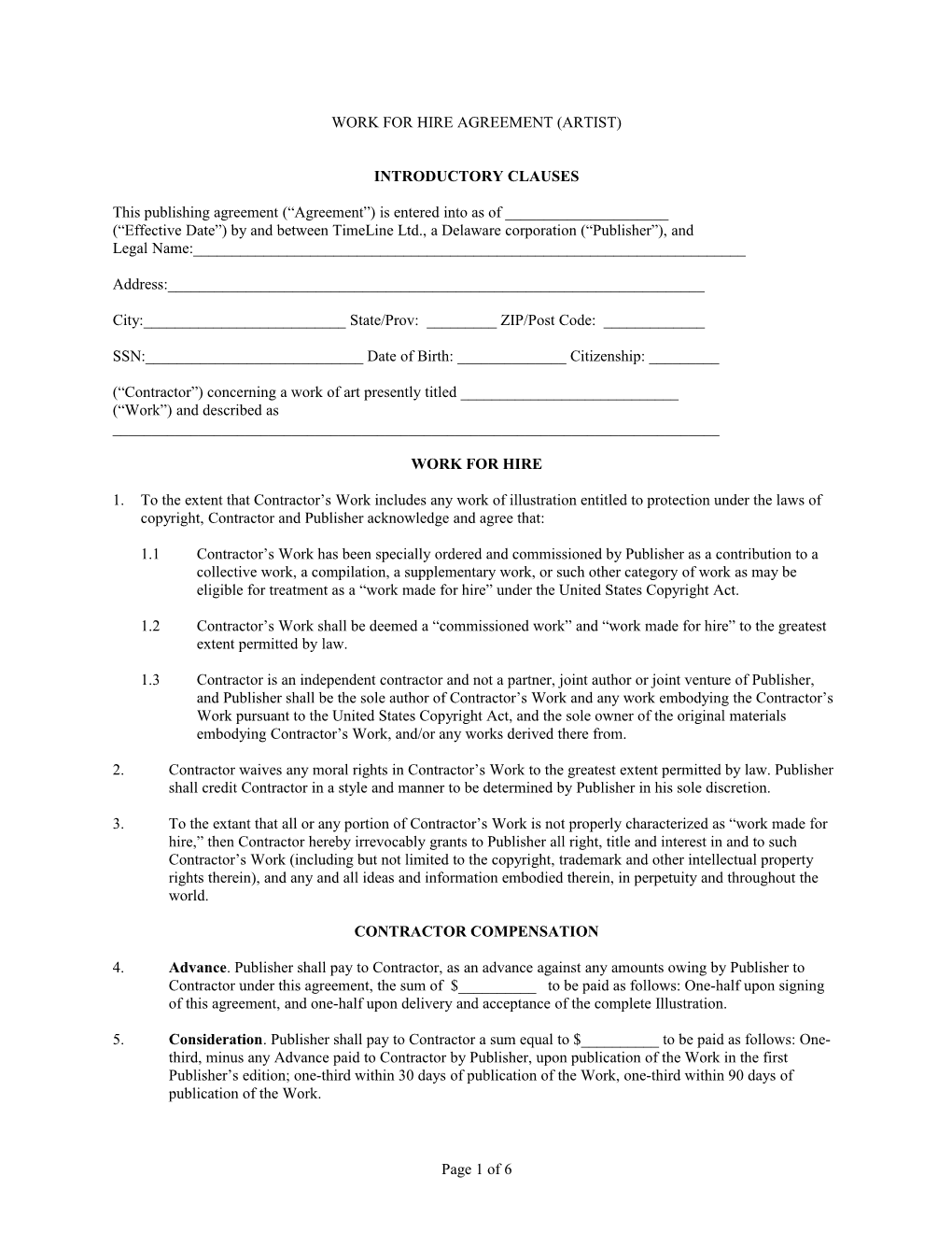 Artist Work for Hire Agreement Page 1 of 5 Form WFHA010406