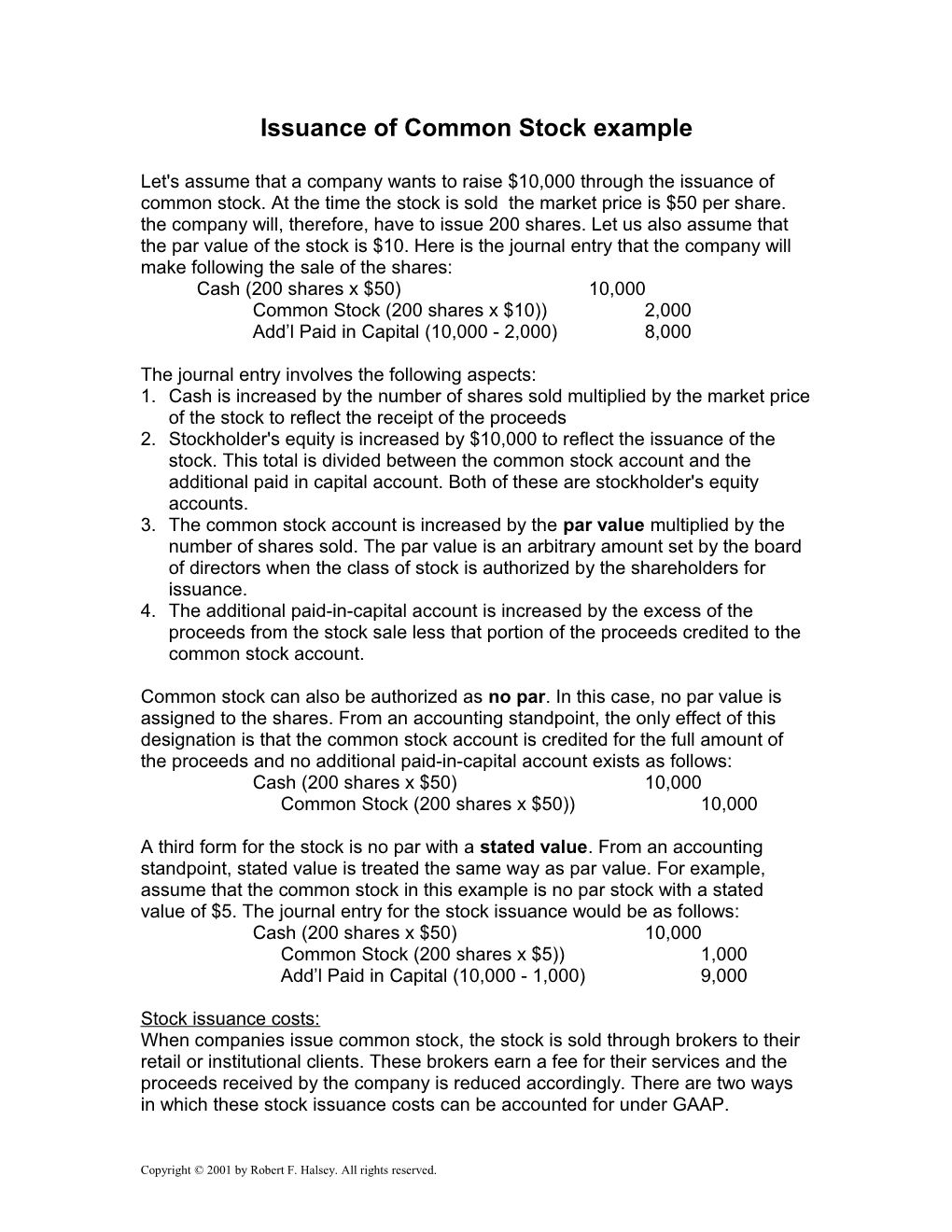 Issuance of Common Stock Example