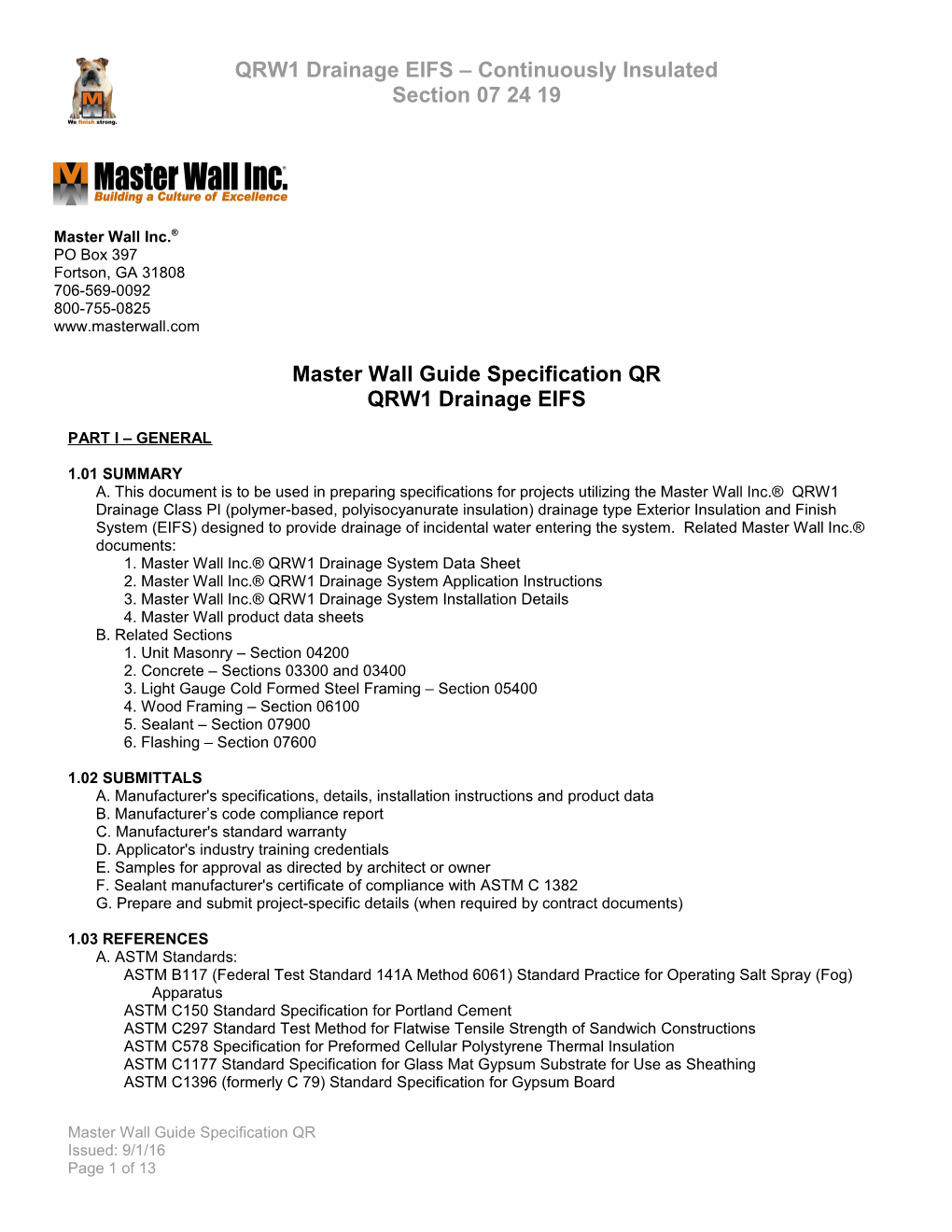 Master Wall Guide Specification QR