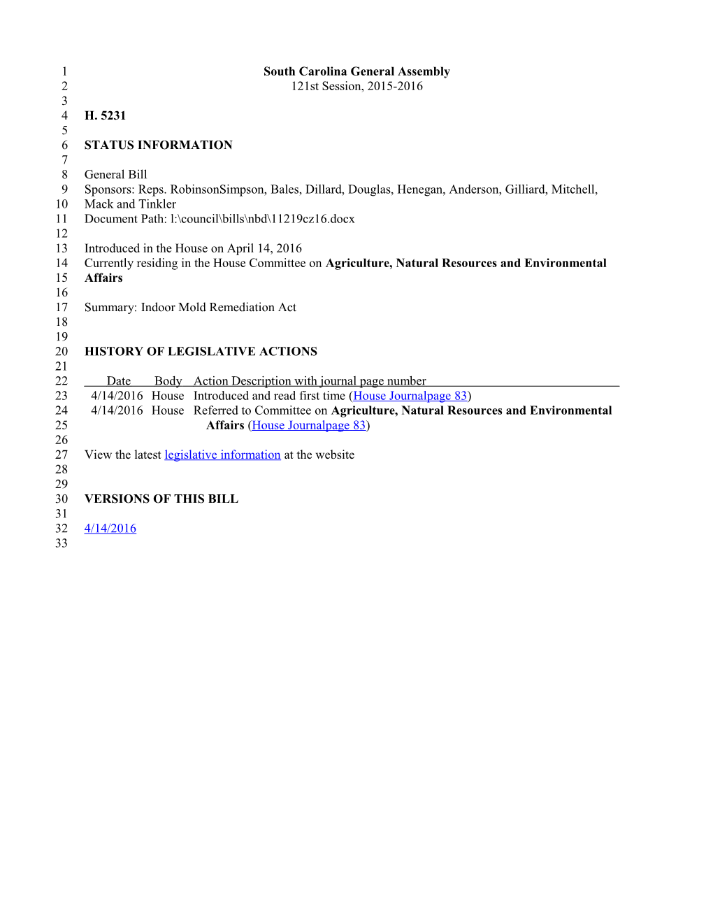 2015-2016 Bill 5231: Indoor Mold Remediation Act - South Carolina Legislature Online