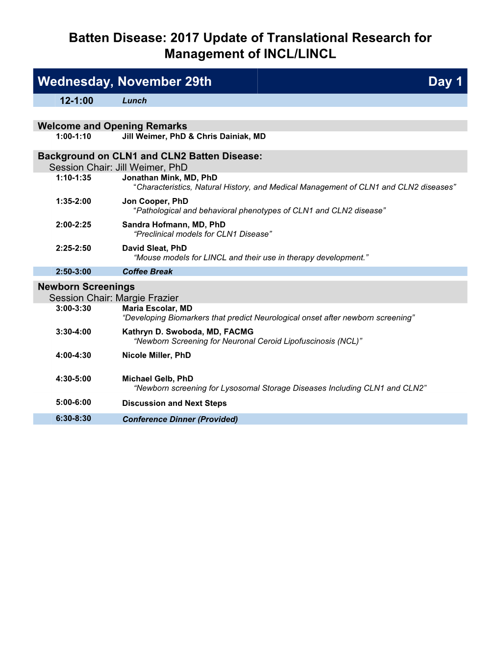 Batten Disease: 2017 Update of Translational Research for Management of INCL/LINCL