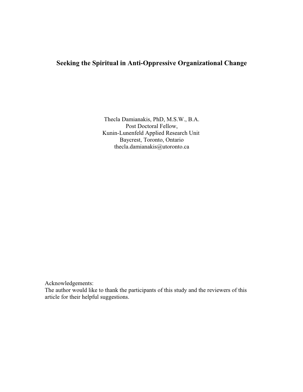 Seeking the Spiritual in Anti-Oppressive Organizational Change