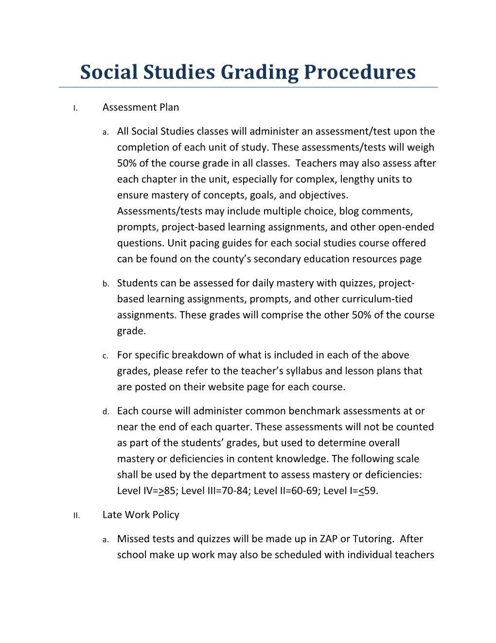 Social Studies Grading Procedures