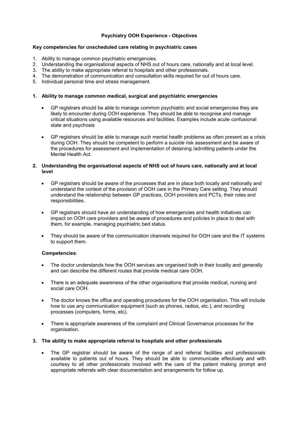 Psychiatry OOH Experience-Objectives