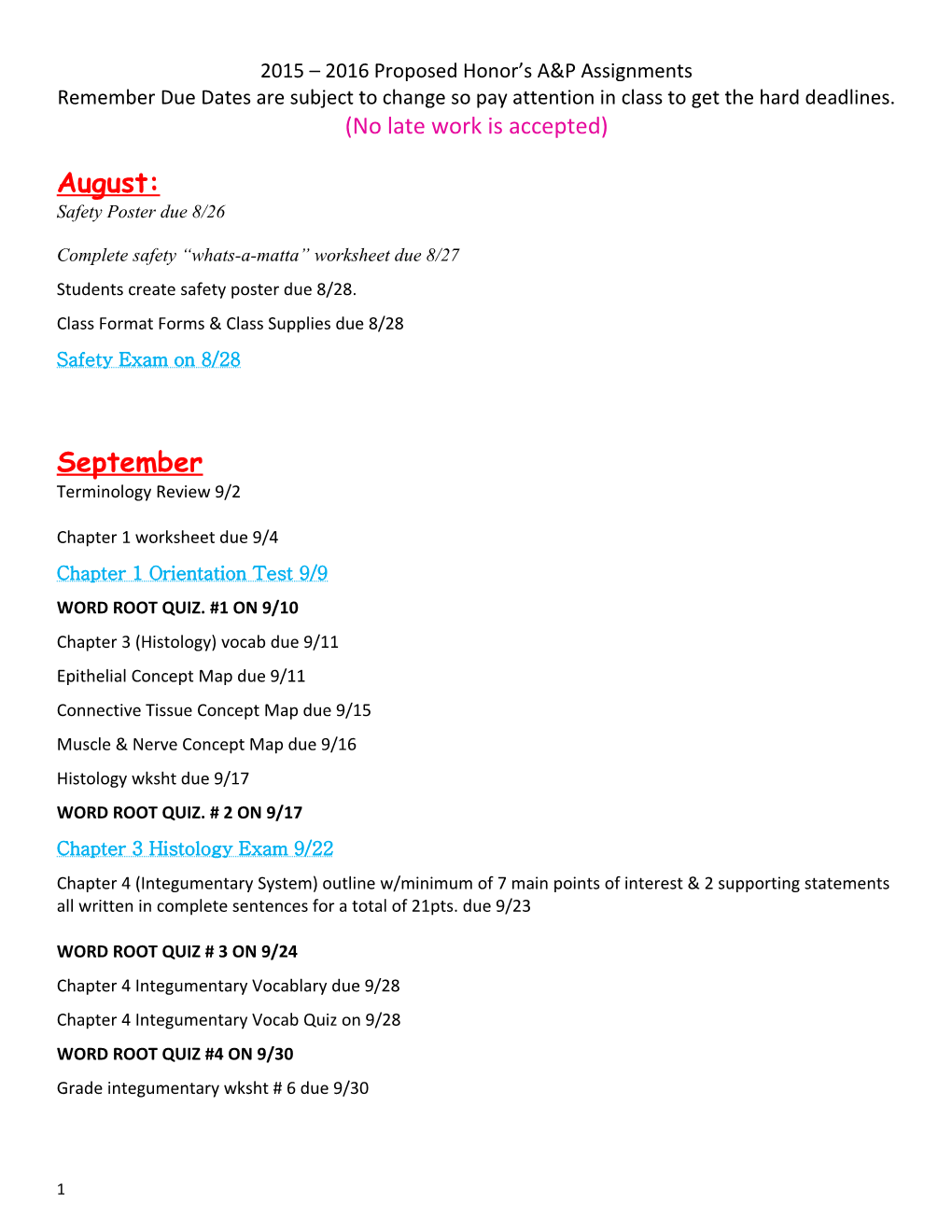 2015 2016 Proposed Honor S A&P Assignments