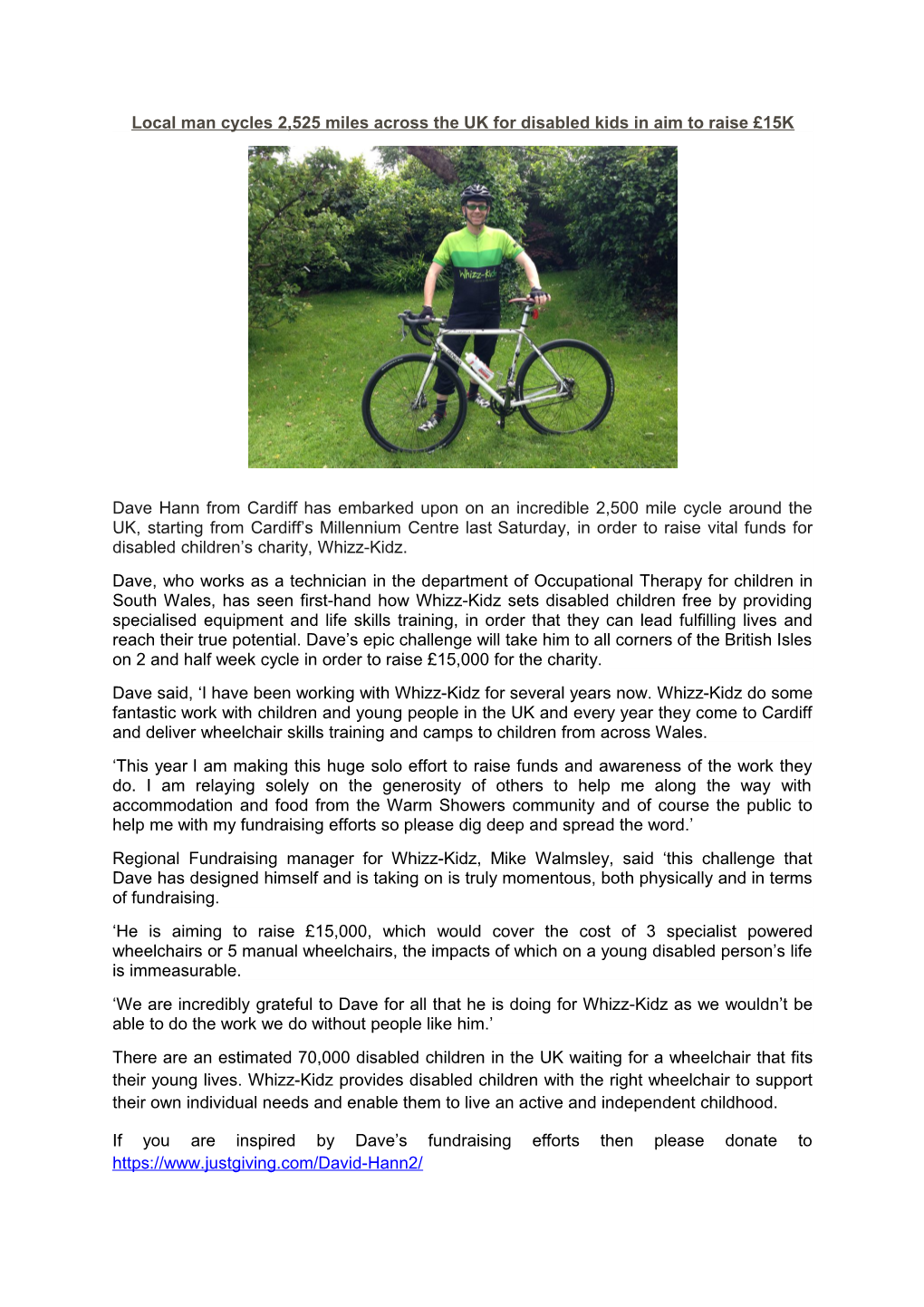 Local Man Cycles 2,525 Miles Across the UK for Disabled Kids in Aim to Raise 15K