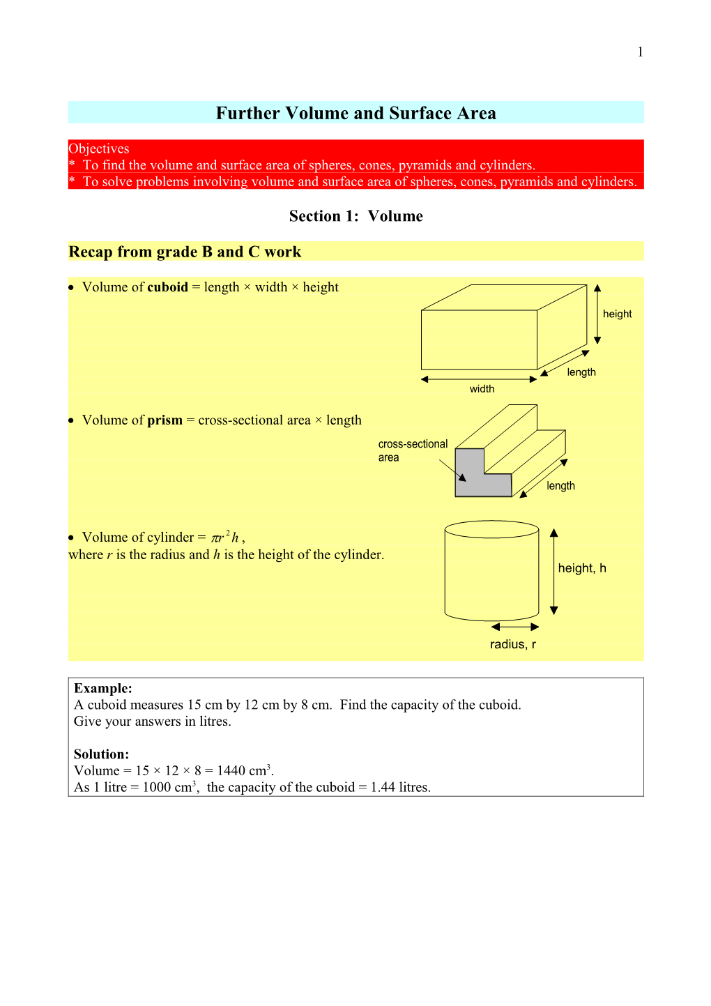 Further Volume and Surface Area