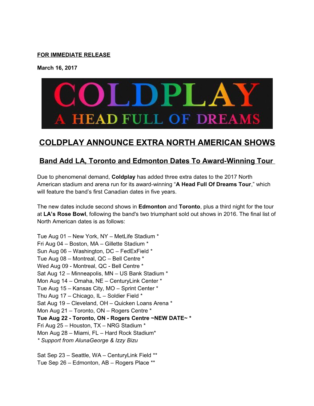 Coldplay Announce Extra North American Shows