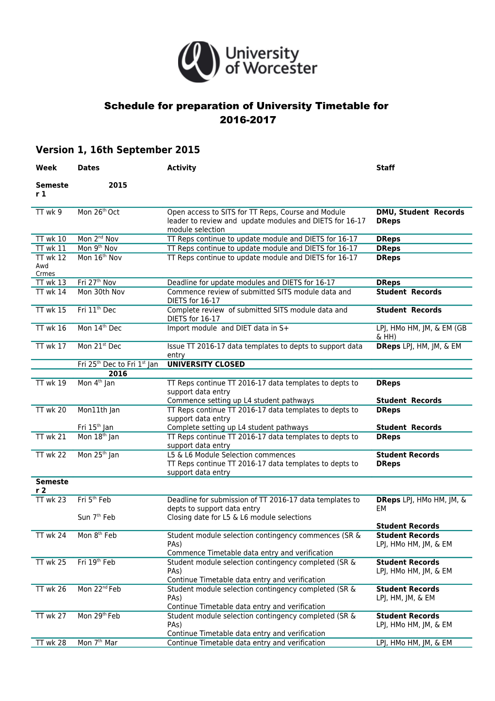 Schedule for Preparation of University Timetable For