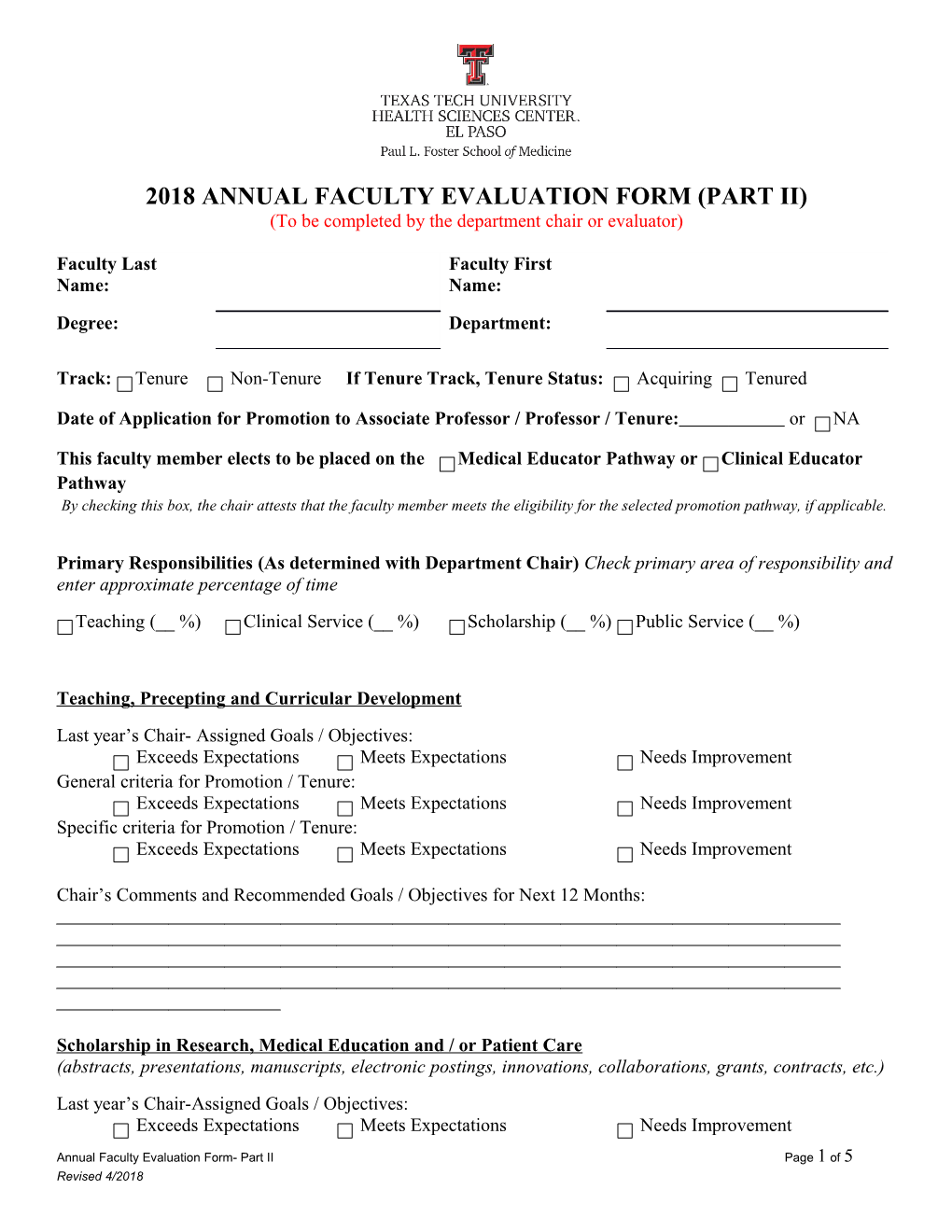 2018 Annual Faculty Evaluation Form (Part Ii)