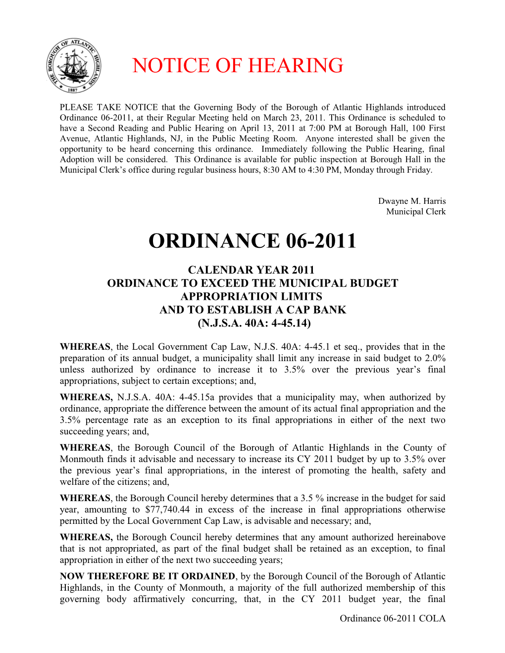 Ordinance to Exceed the Municipal Budget Appropriation Limits