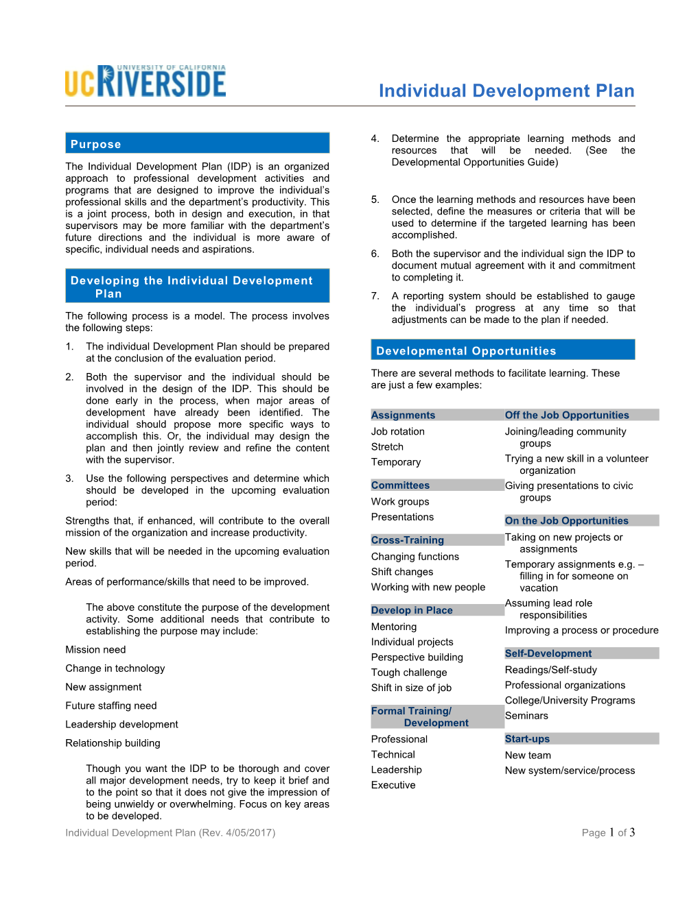 Individual Development Plan (Rev. 4/05/2017) Page 1 of 3