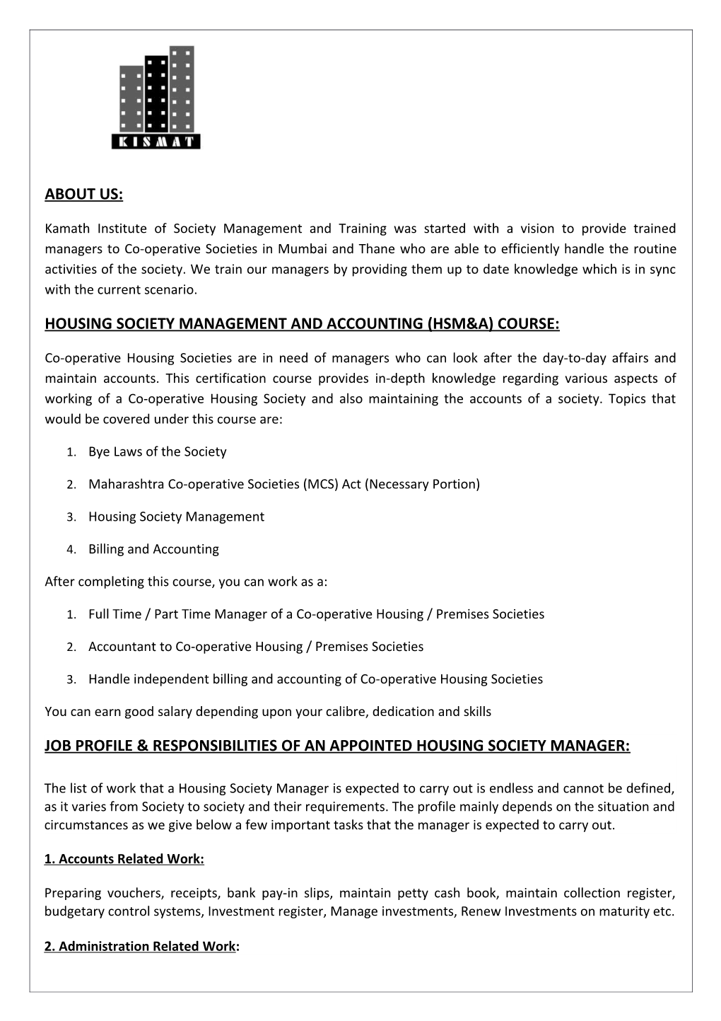 Housing Society Management and Accounting (Hsm&A) Course