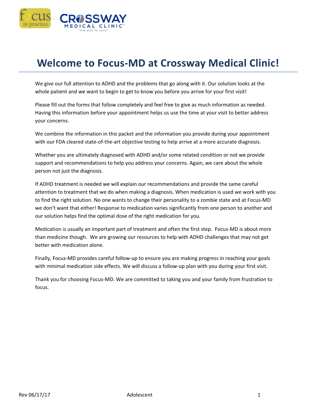 Welcome to Focus-MD at Crossway Medical Clinic!