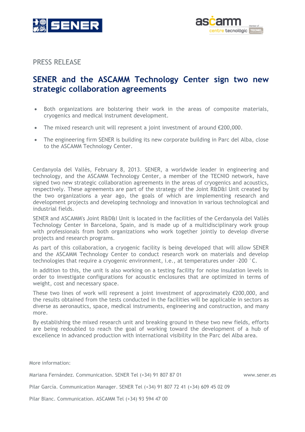 SENER and the ASCAMM Technology Center Sign Two New Strategic Collaboration Agreements