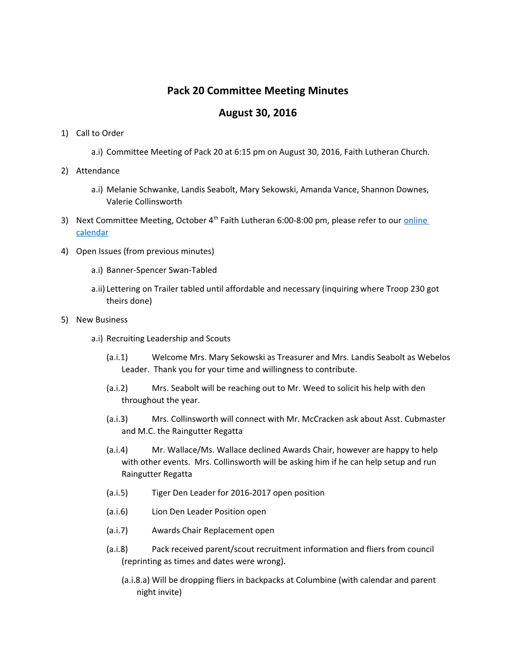 Pack 20 Committee Meeting Minutes