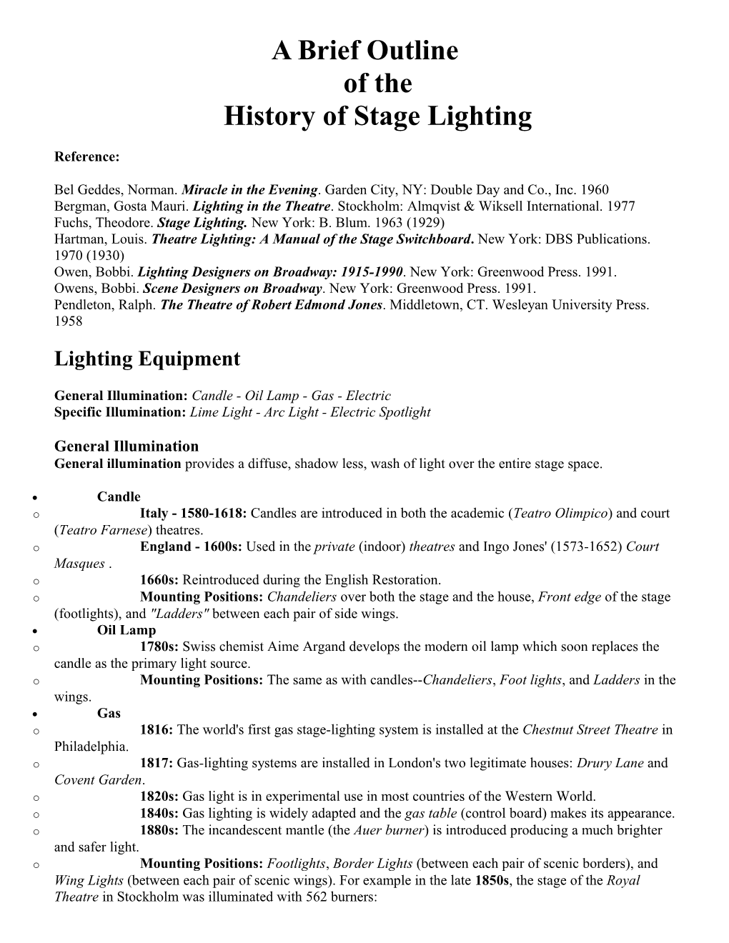 A Brief Outlineof Thehistory of Stage Lighting