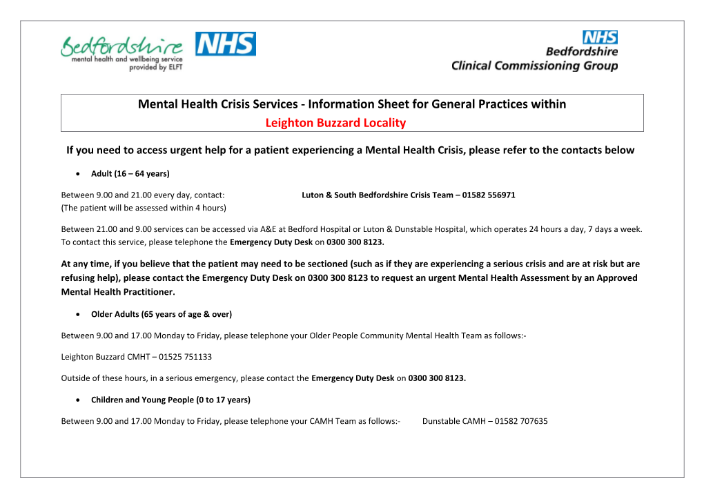 Mental Health Crisisservices - Information Sheet for General Practices Within Leightonbuzzard