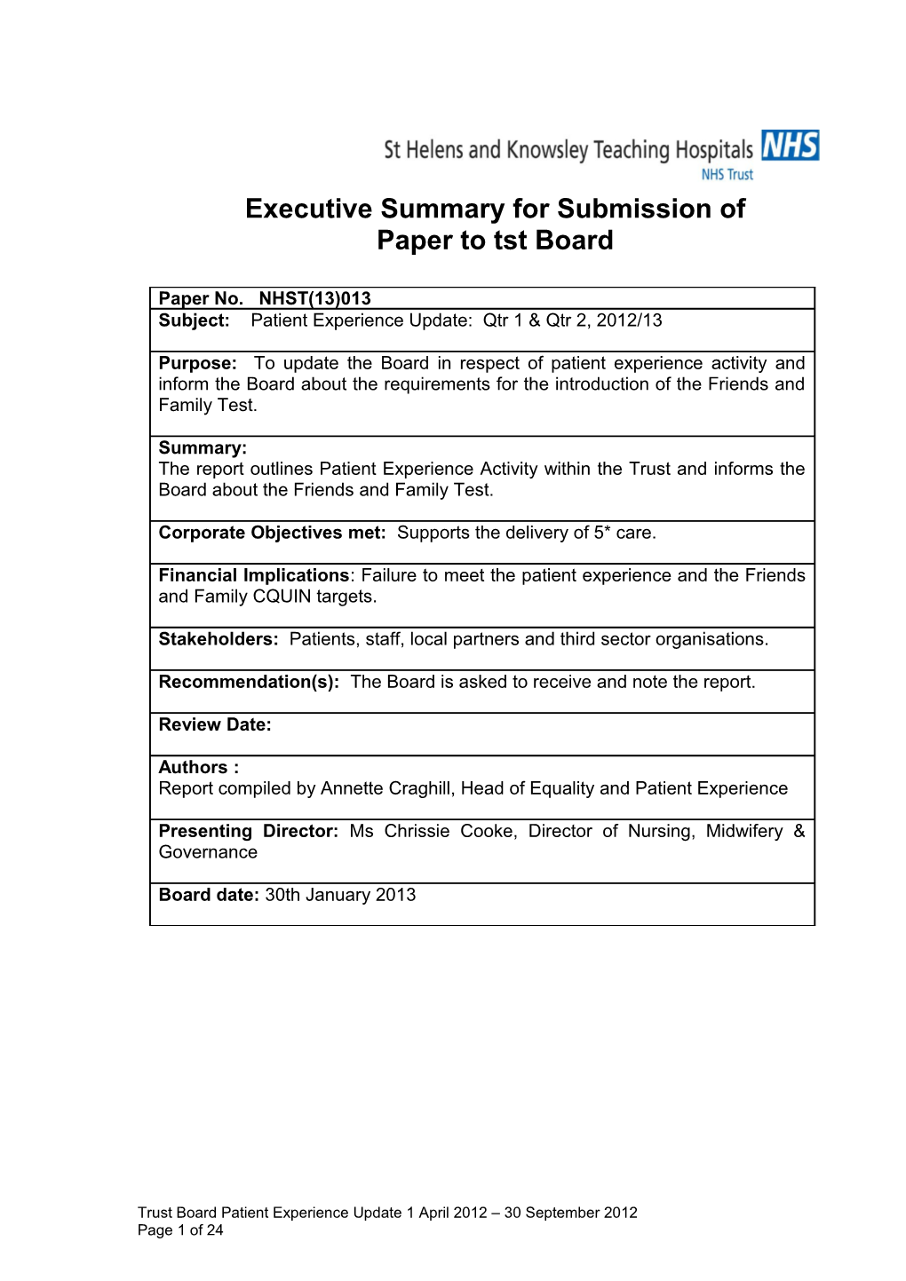 Executive Summary for Submission Of