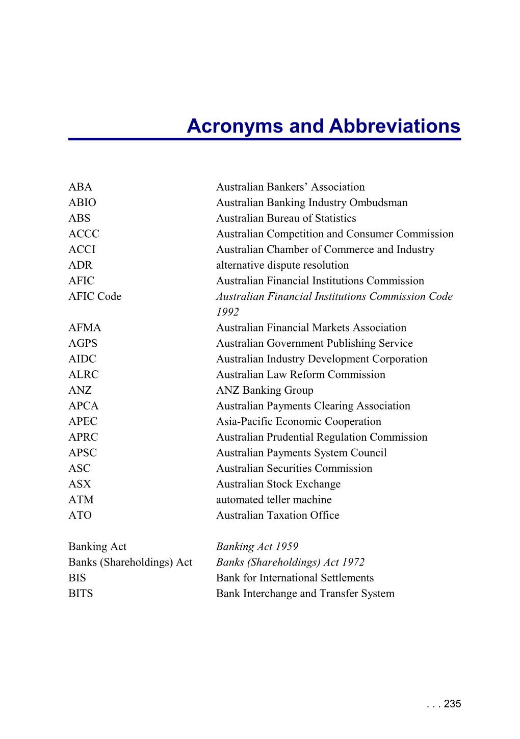 Finacial System Inquiry (Wallis Report) - Acronyms and Abbreviations