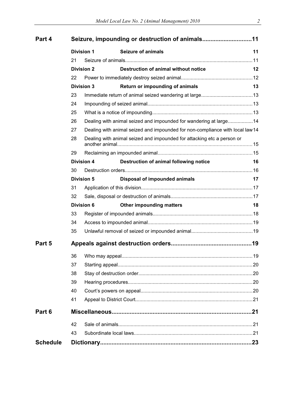 Model Local Law No 2 (Animal Management) 2010