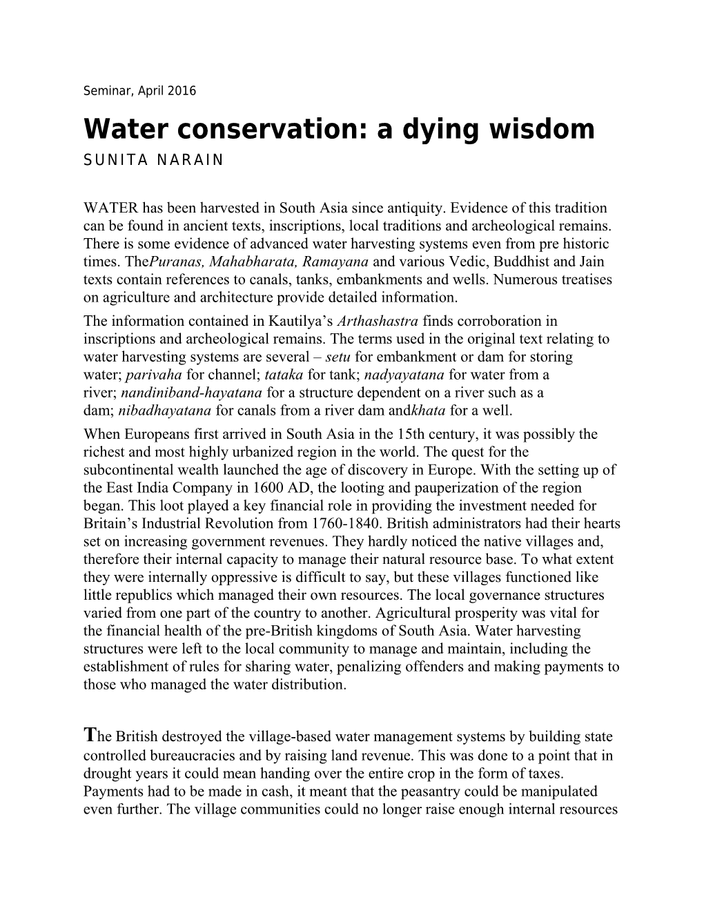Water Conservation: a Dying Wisdom