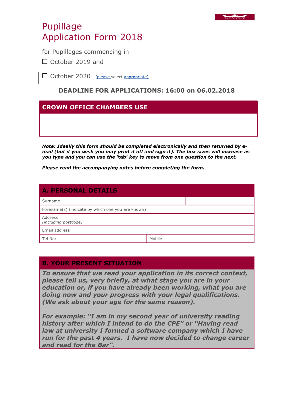 CROWN OFFICE CHAMBERS Pupillage Application Form 2018Page 1