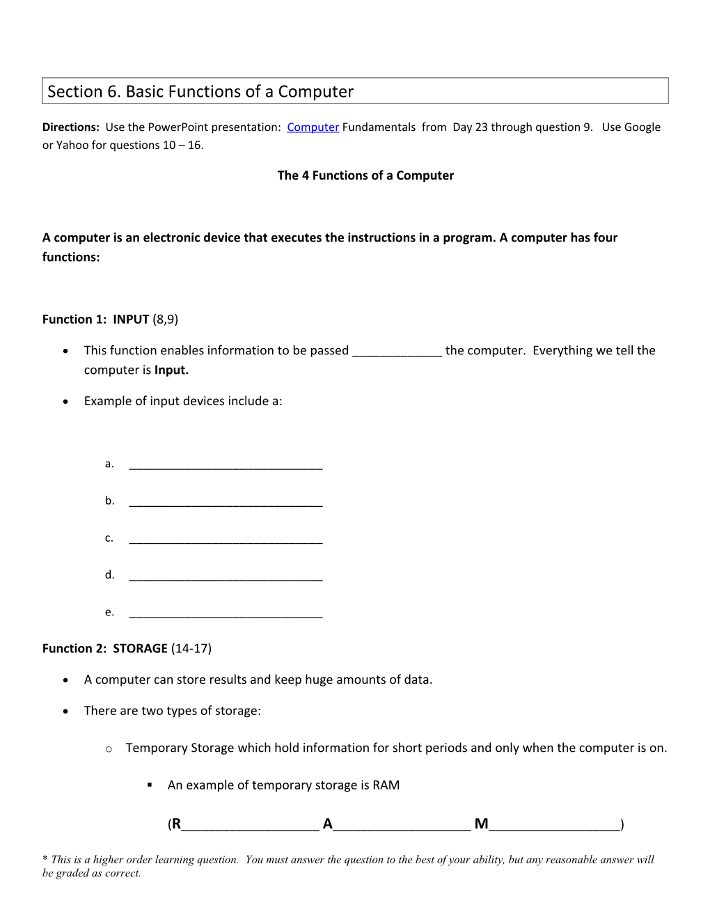 Unit 1: Computer Basics Worksheet