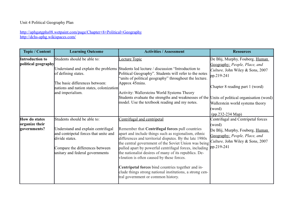 Unit 4 Political Geography Plan