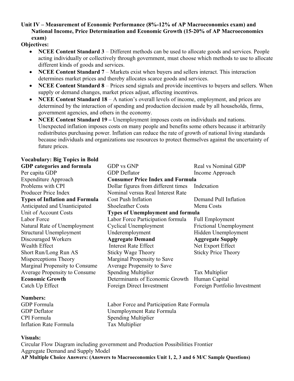 Unit IV Measurement of Economic Performance (8%-12% of AP Macroeconomics Exam) and National