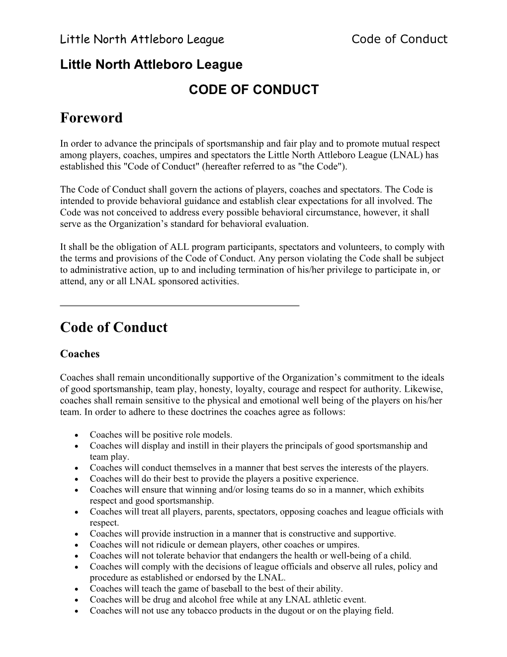 Little North Attleboro Leaguecode of Conduct