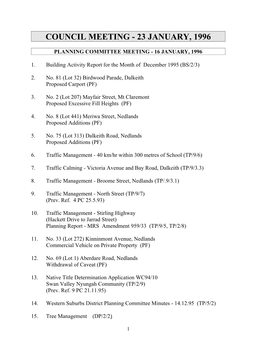 Planning Committee Meeting - 16 January, 1996